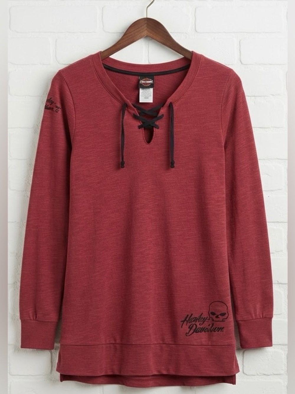 Harley-Davidson Heathered Burgundy Lace-Up Skull Pullover Sweatshirt